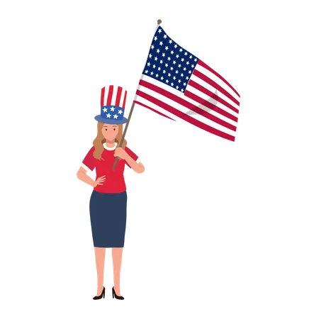 American woman holding american flag to celebrate  イラスト