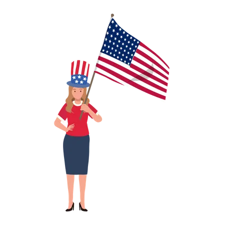 American woman holding american flag to celebrate  Illustration