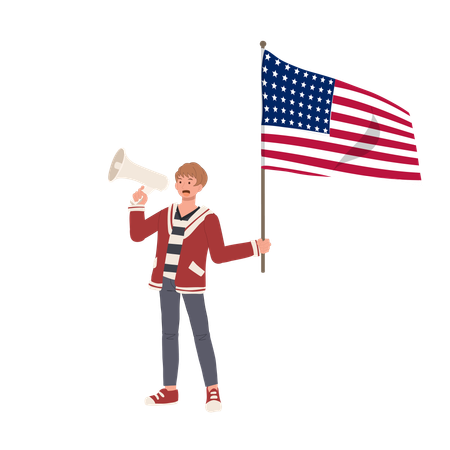 Amerikanischer Mann mit US-Flagge und Megafon inspiriert zur Stimmabgabe im patriotischen Wahlkampf  Illustration