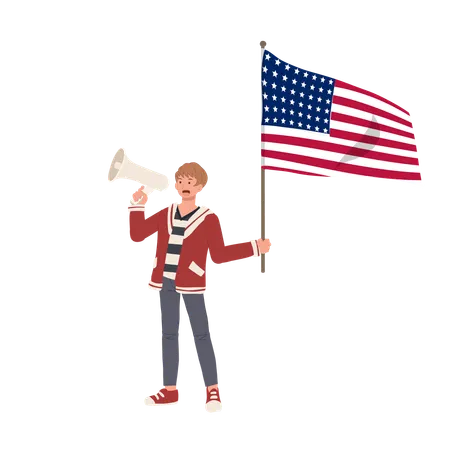 Amerikanischer Mann mit US-Flagge und Megafon inspiriert zur Stimmabgabe im patriotischen Wahlkampf  Illustration