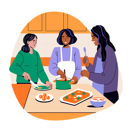 Des amies cuisinent ensemble  Illustration