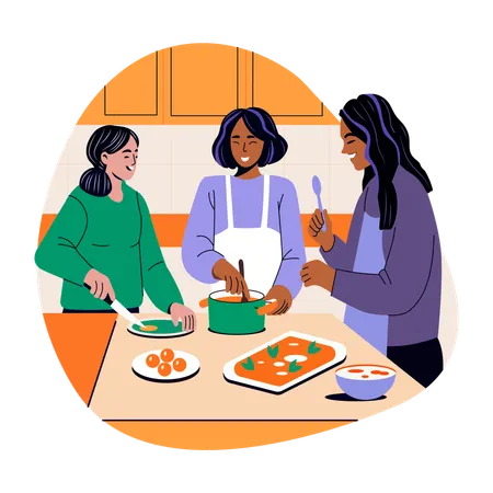 Amigas cocinando juntas  Ilustración