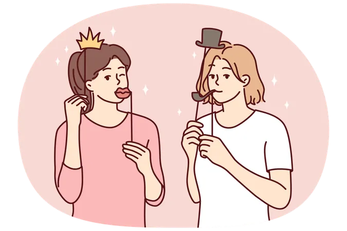 Amigas con máscaras divertidas para sesión de fotos durante fiesta en casa  Ilustración