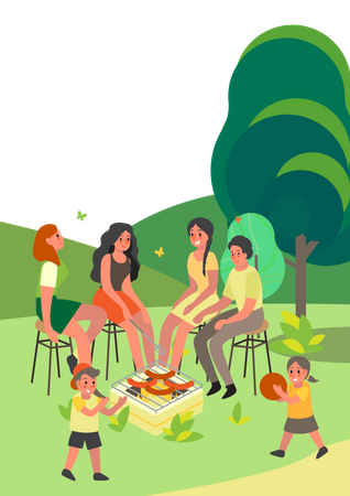 Amigas disfrutando de un picnic al aire libre  Ilustración