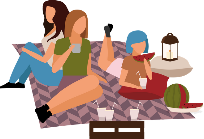 Amigas desfrutando de piquenique ao ar livre  Ilustração