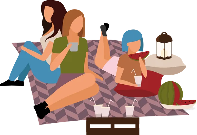 Amigas desfrutando de piquenique ao ar livre  Ilustração