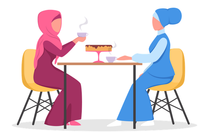 Amigas muçulmanas desfrutando de uma xícara de café em um café  Ilustração