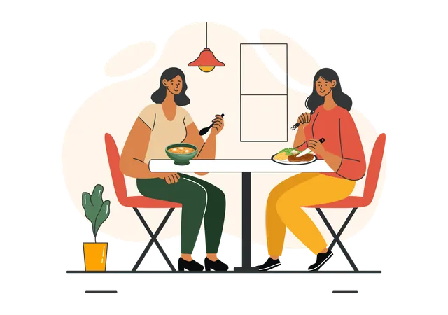 Amigas desfrutando de comida em casa  Ilustração