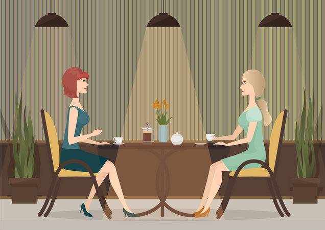 Amigas tomando café no café  Ilustração