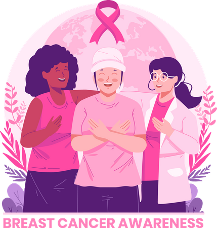 Amigas que apoyan a una mujer con cáncer de mama  Ilustración