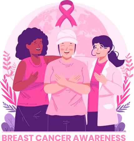 Amigas que apoyan a una mujer con cáncer de mama  Ilustración