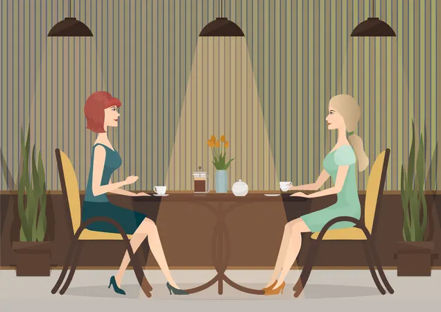 Amigas tomando un café en la cafetería  Ilustración