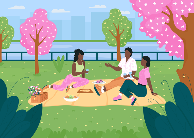 Amigo afroamericano de picnic en el parque durante la temporada de primavera  Ilustración