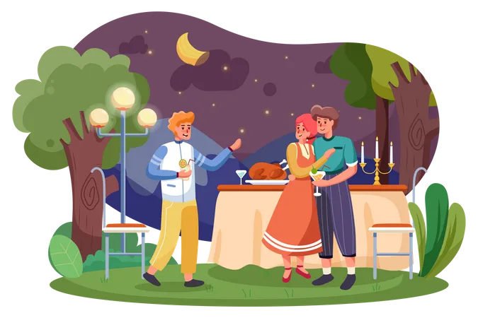 Amigos Felizes Comendo Carne Para Jantar Na Festa No Jardim De Verao A Noite Ilustração