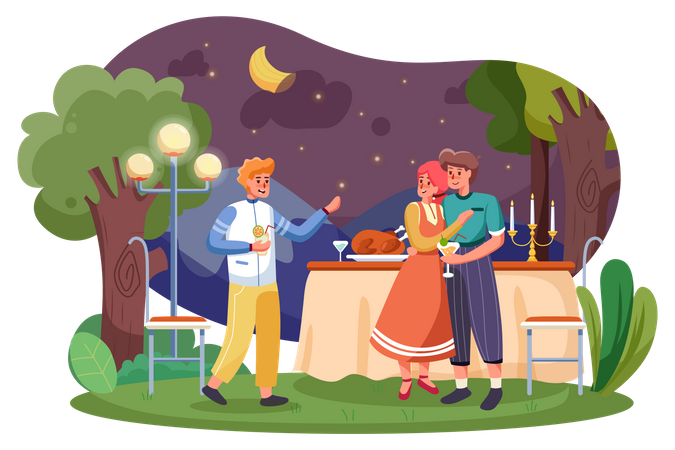 Amigo disfrutando de una fiesta en el jardín durante la noche  Ilustración