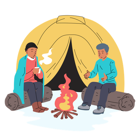 Amigos acampando en el bosque  Ilustración