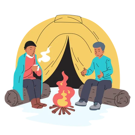 Amigos acampando en el bosque  Ilustración