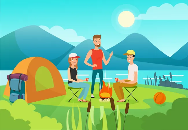 Amigos acampando perto do lago  Ilustração