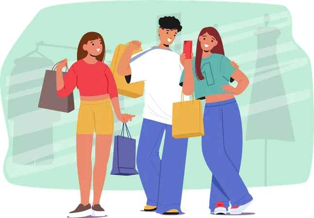 Amigos adolescentes alegres com sacolas de compras aproveitando as compras juntos  Illustration