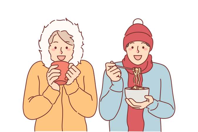 Amigos almorzando parados bajo la nieve con ropa de invierno  Ilustración