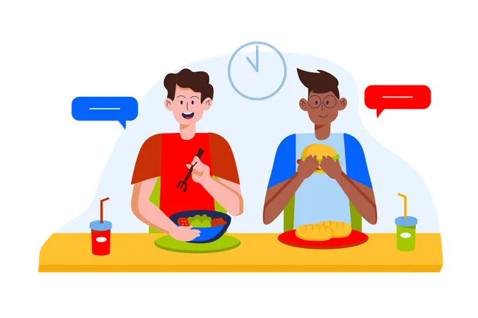 Amigos almuerzan en el comedor de la escuela entre clases.  Ilustración