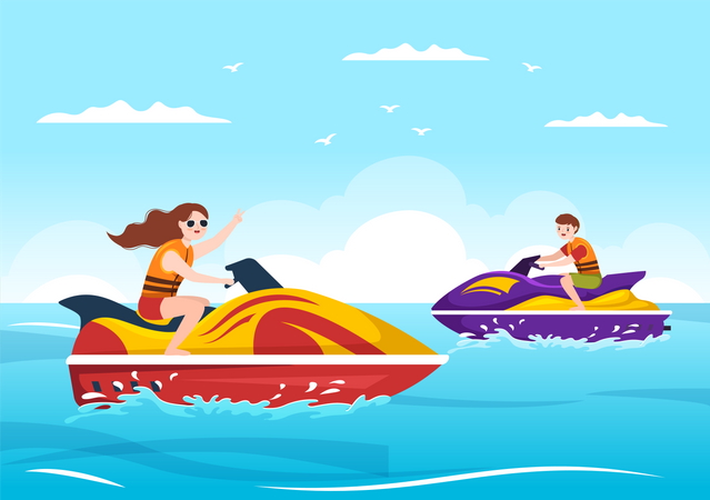 Amigos andando de jet ski  Ilustração