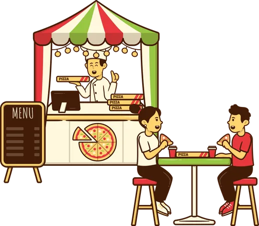 Amigos saboreando pizza de queijo no centro de pizzaria  Ilustração