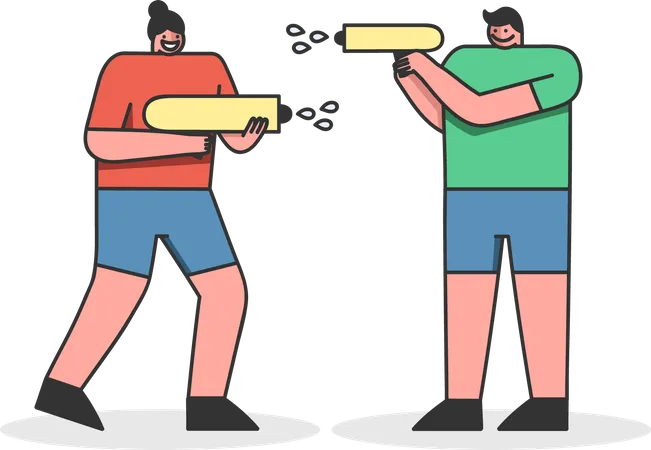Amigos brincando com pistola de água  Ilustração