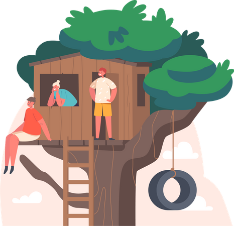 Amigos brincando na casa da árvore  Ilustração