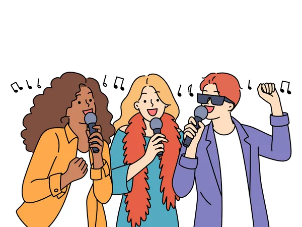 Amigos cantando karaoke  Ilustración