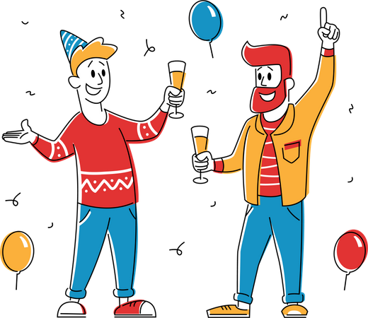 Amigos celebran la fiesta y sostienen gafas.  Ilustración