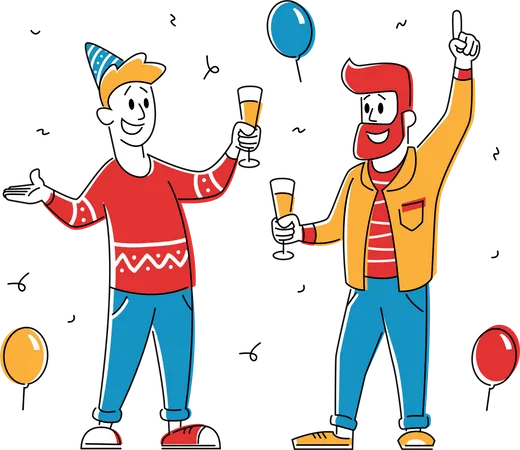 Amigos celebran la fiesta y sostienen gafas.  Ilustración