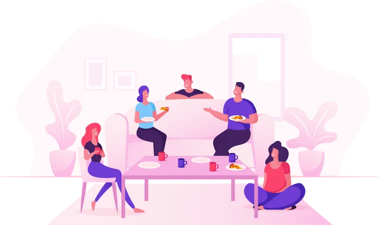 Amigos celebran la fiesta en casa sentados en la sala de estar comiendo pizza y bebiendo té  Ilustración