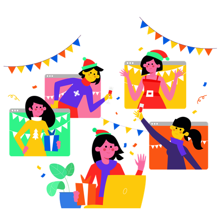 Amigos celebrando año nuevo en videollamada.  Ilustración