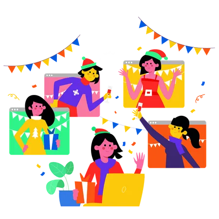 Amigos celebrando año nuevo en videollamada.  Ilustración