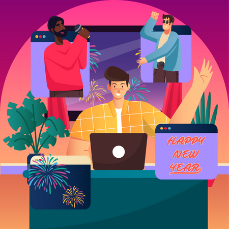 Amigos celebrando año nuevo a través de videollamada.  Ilustración