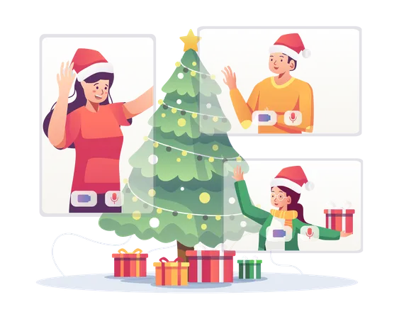 Amigos celebrando la Navidad mediante videollamada  Ilustración