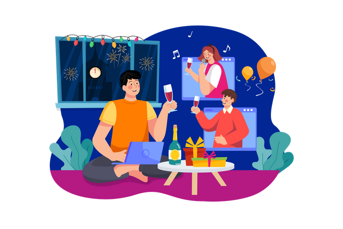 Amigos comemorando on-line  Ilustração