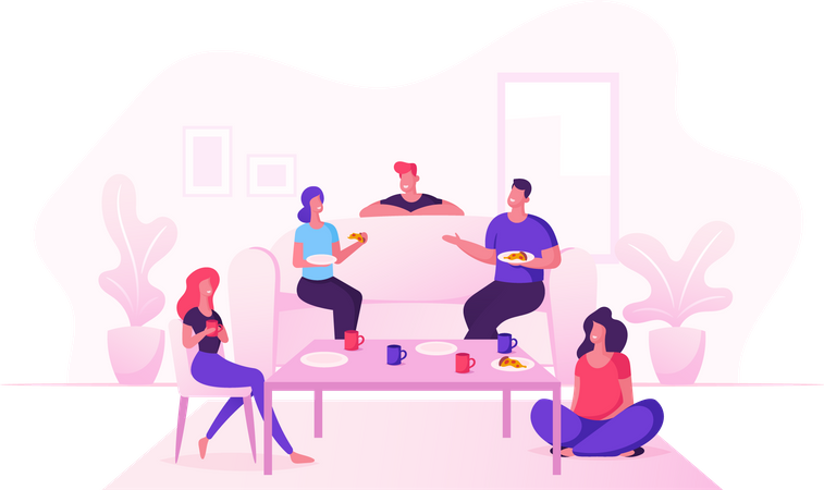 Amigos comemoram a festa em casa sentados na sala comendo pizza e bebendo chá  Ilustração