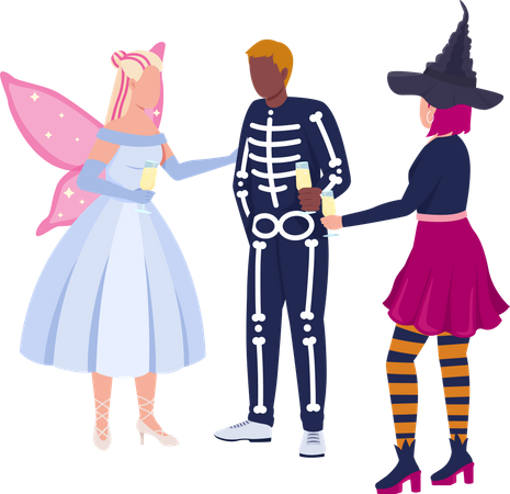 Amigos com fantasias comemorando o Halloween  Ilustração