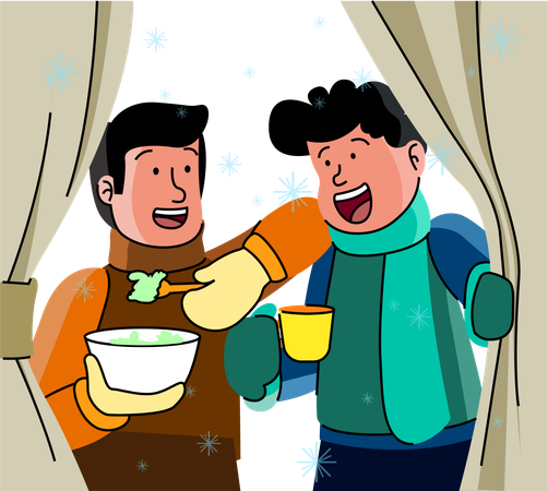 Amigos comparten un plato de sopa caliente en un entorno nevado, disfrutando de la comodidad de la comida caliente y la buena compañía en el frío del invierno.  Ilustración