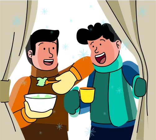 Amigos comparten un plato de sopa caliente en un entorno nevado, disfrutando de la comodidad de la comida caliente y la buena compañía en el frío del invierno.  Ilustración