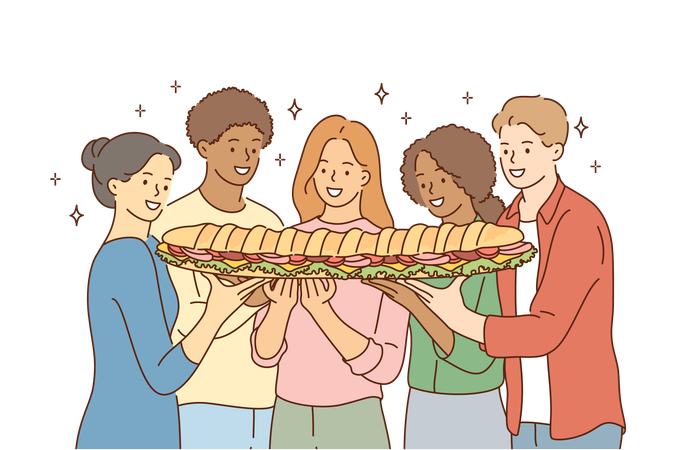 Amigos compartilhando um sanduíche grande  Ilustração