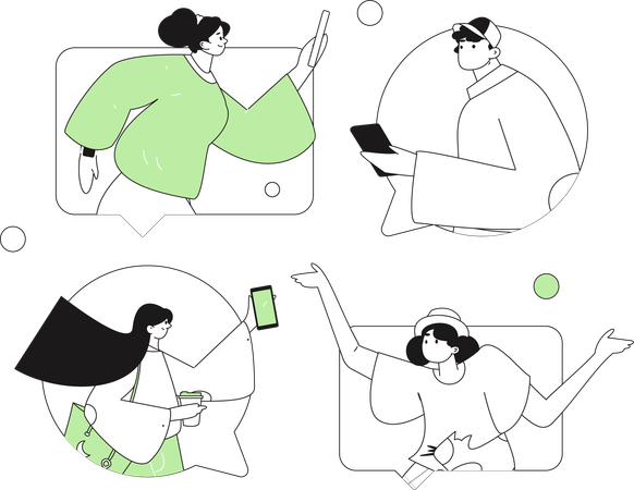 Amigos comunicándose en línea  Ilustración