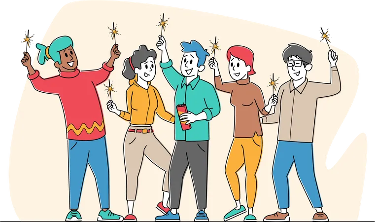 Amigos con luces de Bengala Evento de Año Nuevo o Navidad  Ilustración