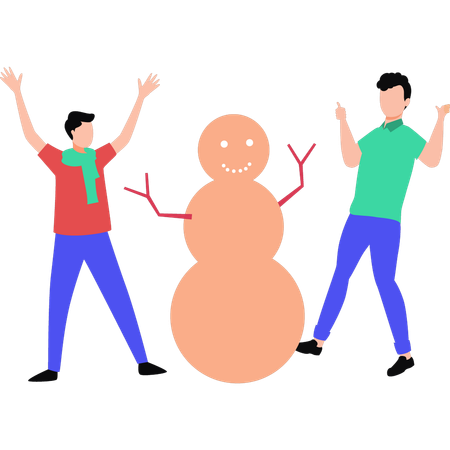 Amigos construindo boneco de neve  Ilustração