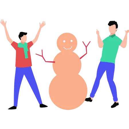 Amigos construindo boneco de neve  Ilustração