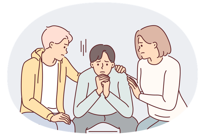 Amigos consuelan a un hombre deprimido que sufre estrés después de romper con su novia  Ilustración