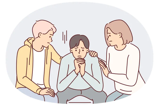 Amigos consuelan a un hombre deprimido que sufre estrés después de romper con su novia  Ilustración