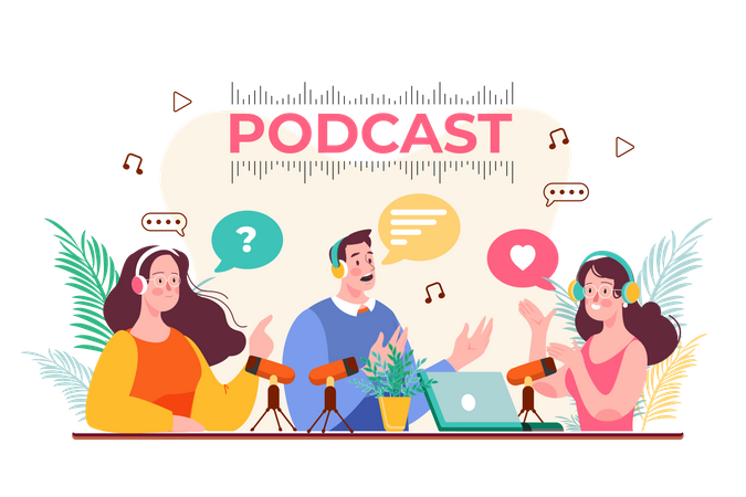 Amigos conversando durante o podcast  Ilustração